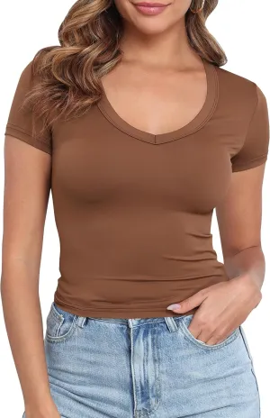 PALINDA V Neck Slim Fitted Shirts for Women Basic Casual Short Sleeve T Shirts Going Out Tops Sexy Y2K Tees