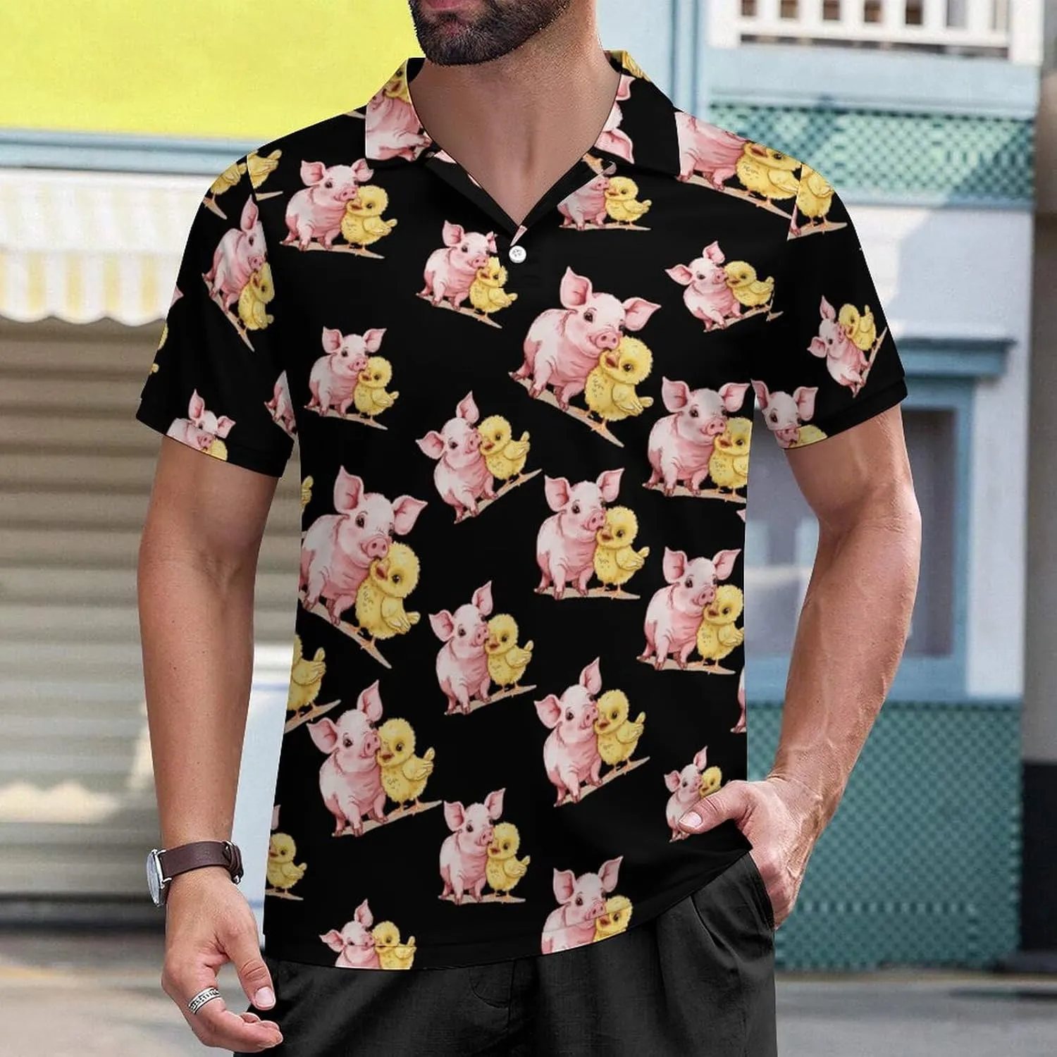 Pigs and Chicken Mens Polo Shirts Short Sleeve Mesh Gym T-Shirt Summer Tee Top