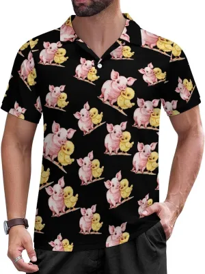 Pigs and Chicken Mens Polo Shirts Short Sleeve Mesh Gym T-Shirt Summer Tee Top