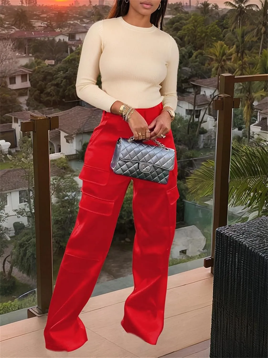 Satin Cargo Pants for Women High Waisted Wide Leg Silky Dressy Club Outfits with Pockets Casual Streetwear