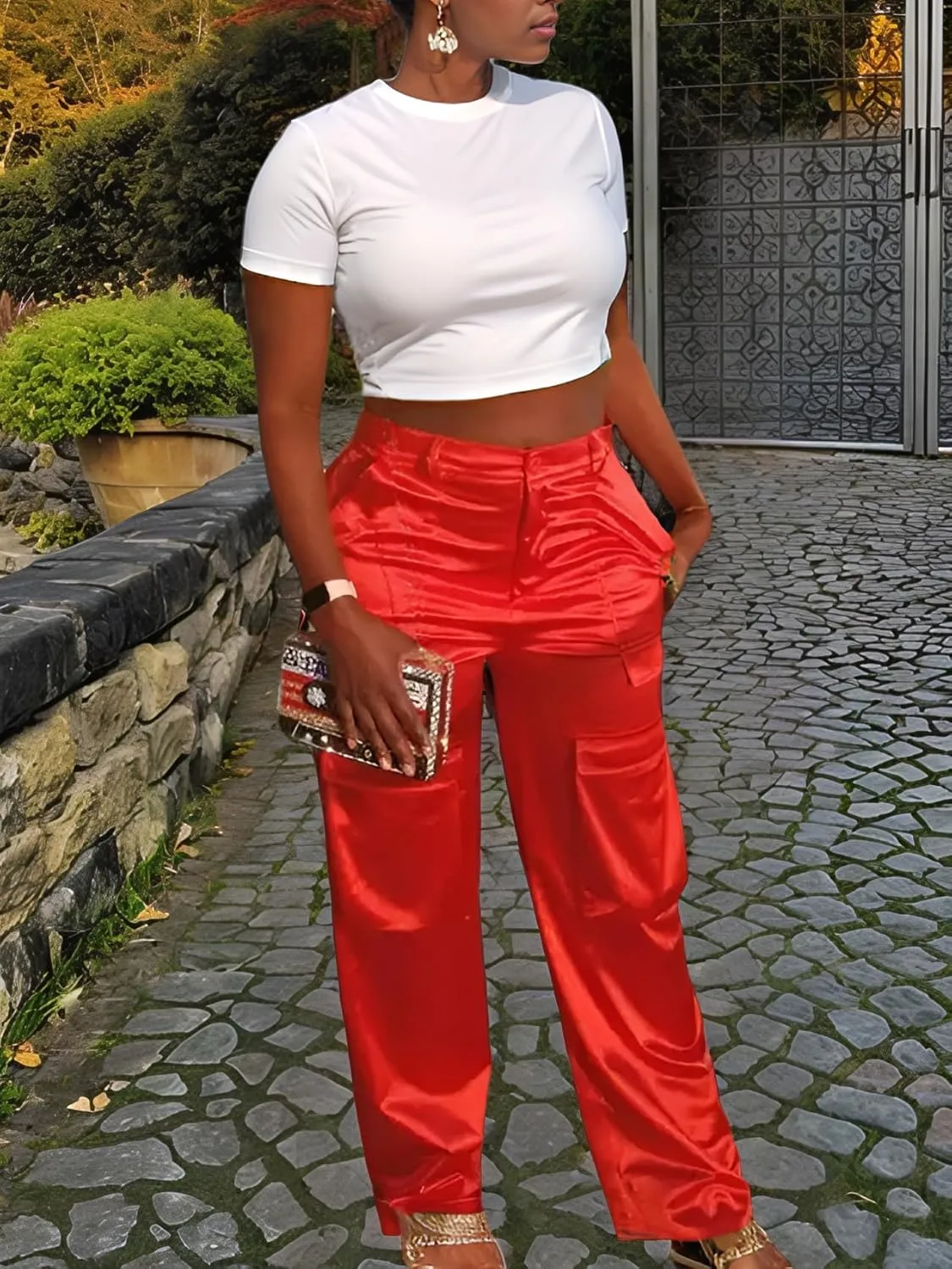 Satin Cargo Pants for Women High Waisted Wide Leg Silky Dressy Club Outfits with Pockets Casual Streetwear