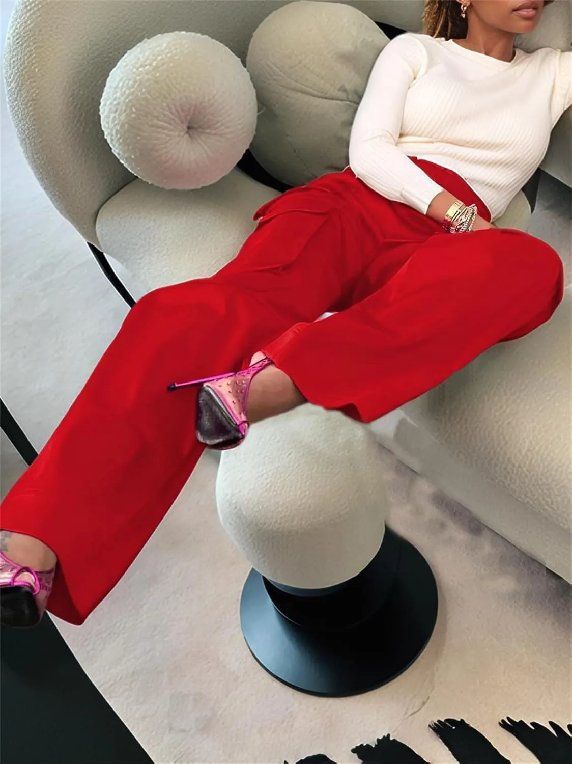 Satin Cargo Pants for Women High Waisted Wide Leg Silky Dressy Club Outfits with Pockets Casual Streetwear