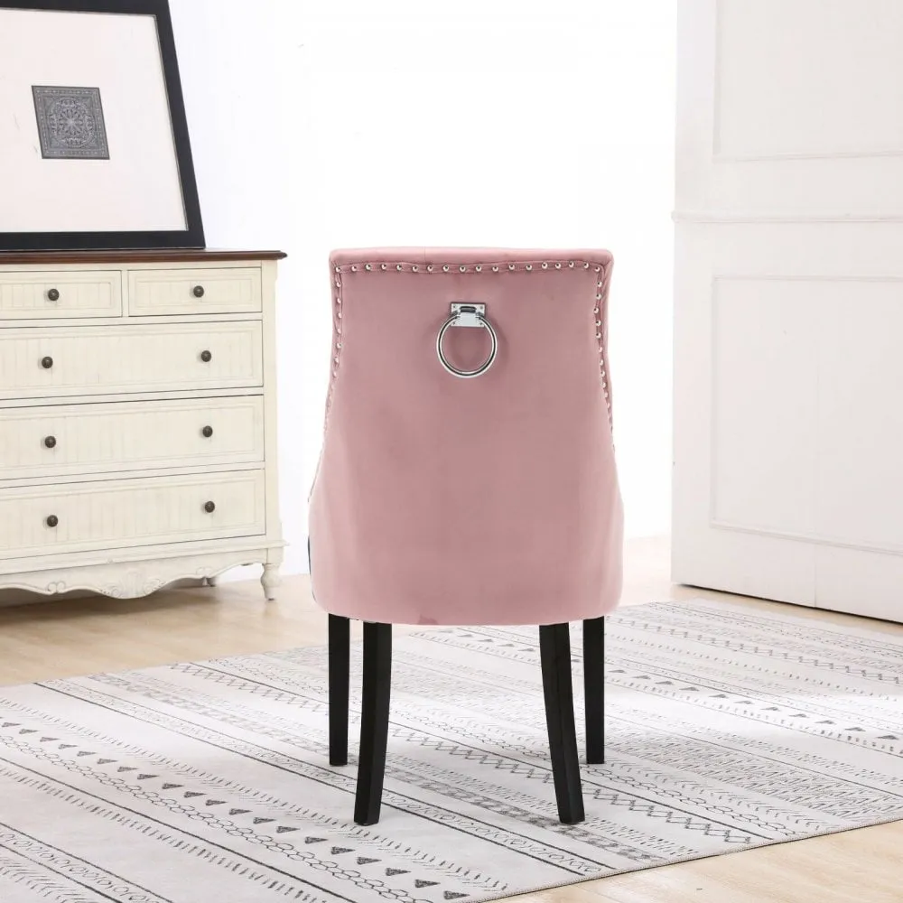 Set of Two Neo Pink Studded Velvet Dining Chair with Ring Knocker Detail