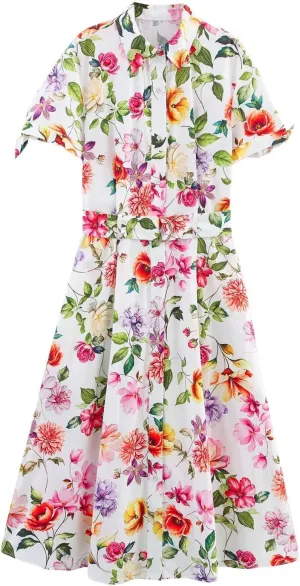 Women's Stylish Floral Printed Poplin Tie-Sleeve Midi Dress with Belt, Lapel Collar Button Down Shirt Dress