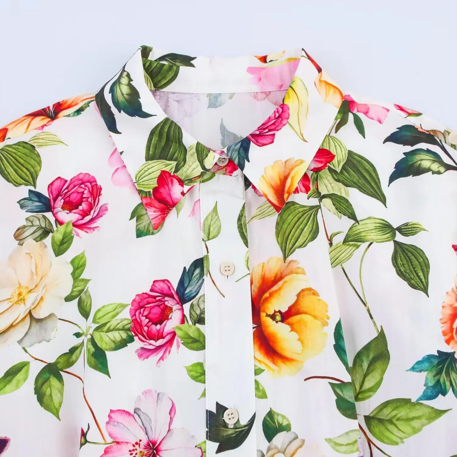 Women's Stylish Floral Printed Poplin Tie-Sleeve Midi Dress with Belt, Lapel Collar Button Down Shirt Dress