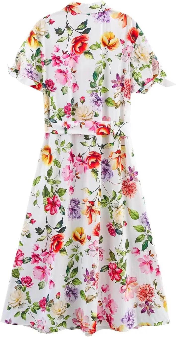 Women's Stylish Floral Printed Poplin Tie-Sleeve Midi Dress with Belt, Lapel Collar Button Down Shirt Dress