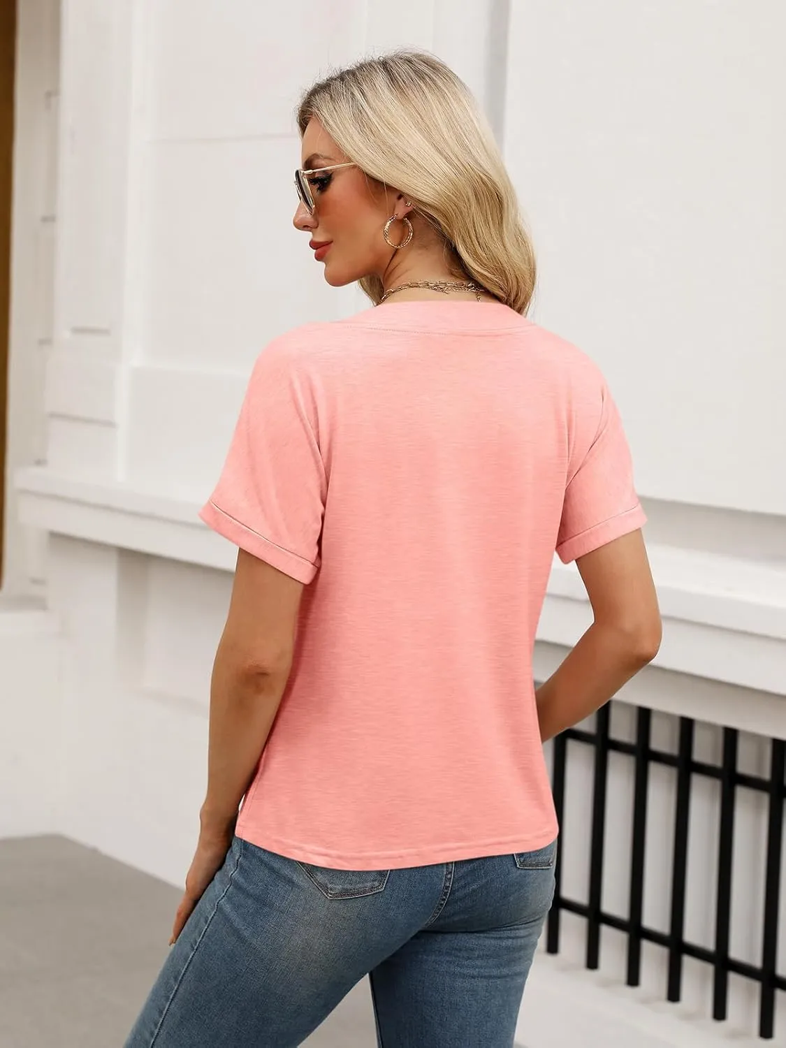 Womens Summer Tops Short Sleeve Button Down Shirts Casual V Neck T Shirts Trendy Tunic Tops