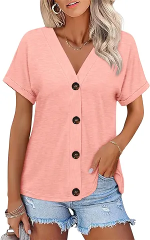 Womens Summer Tops Short Sleeve Button Down Shirts Casual V Neck T Shirts Trendy Tunic Tops