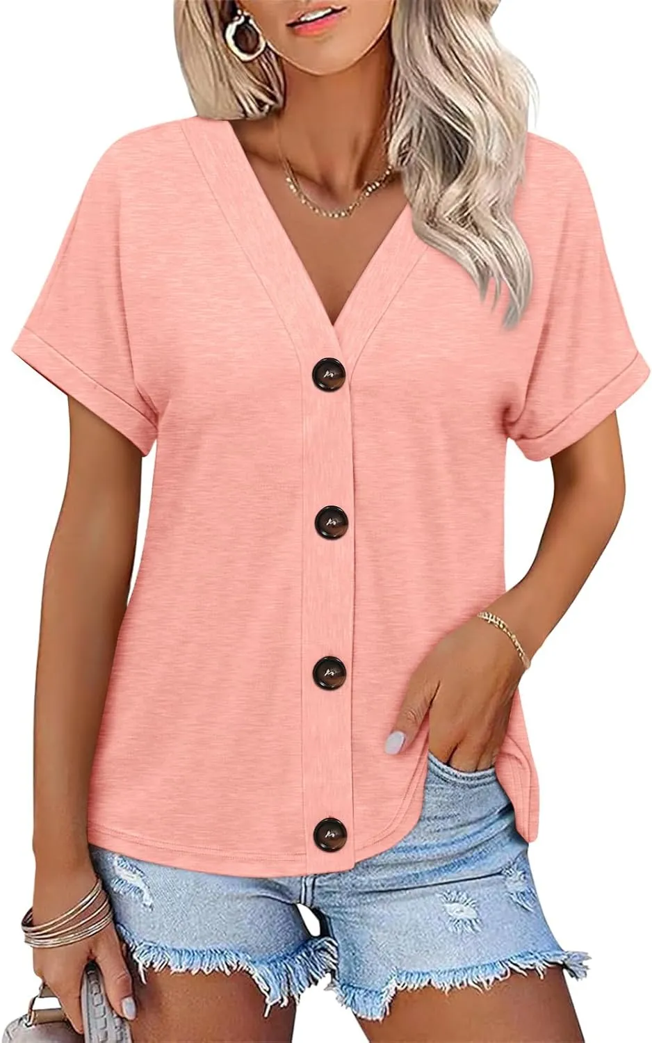 Womens Summer Tops Short Sleeve Button Down Shirts Casual V Neck T Shirts Trendy Tunic Tops