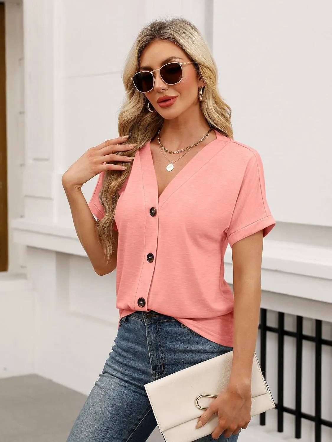 Womens Summer Tops Short Sleeve Button Down Shirts Casual V Neck T Shirts Trendy Tunic Tops