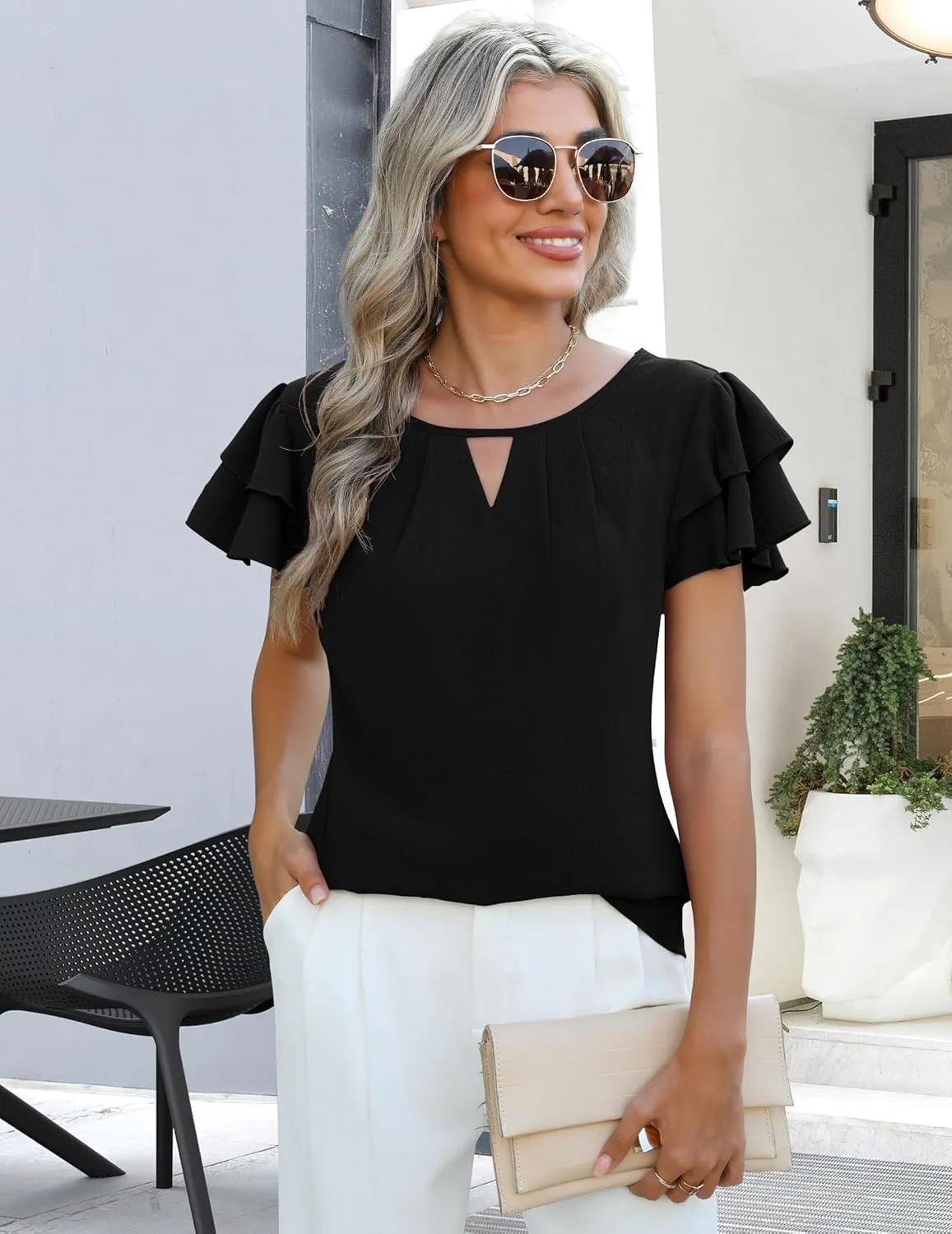 Womens Tops Dressy Casual Business Work Blouses Short Ruffle Sleeve V Neck Cute Summer Shirts Trendy Outfits