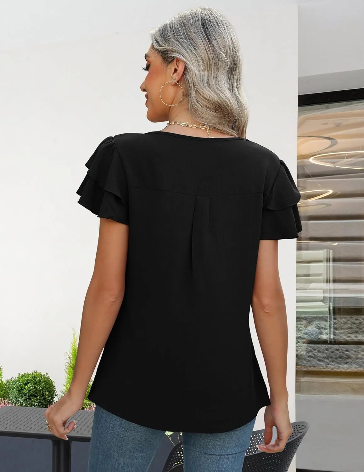 Womens Tops Dressy Casual Business Work Blouses Short Ruffle Sleeve V Neck Cute Summer Shirts Trendy Outfits