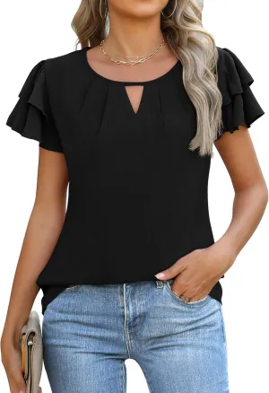 Womens Tops Dressy Casual Business Work Blouses Short Ruffle Sleeve V Neck Cute Summer Shirts Trendy Outfits