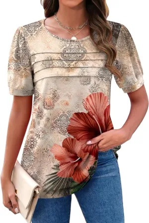 Zeagoo Womens Short Sleeve Tops Floral Boho Shirts Pleated Crewneck Summer Outfit Puff Sleeve Blouses Casual Tunic